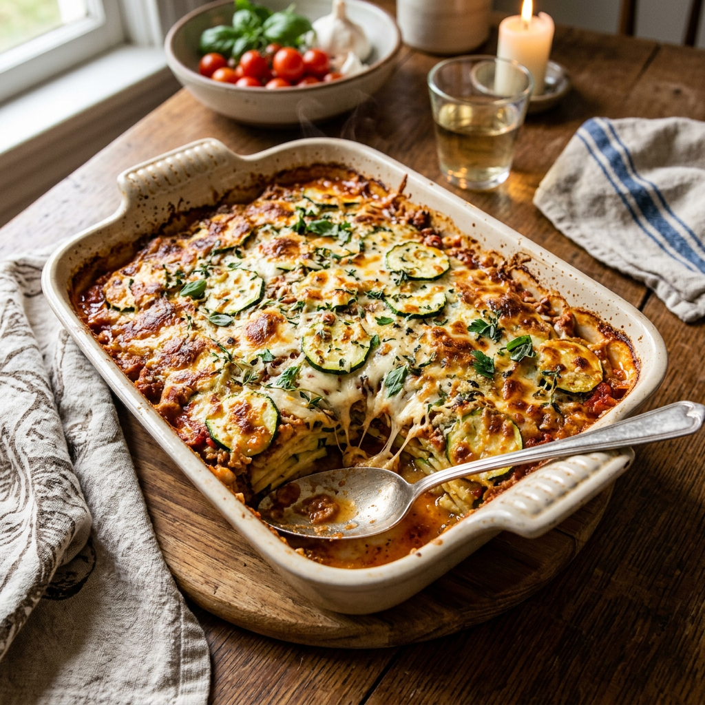 Baked vegetable lasagna with melted cheese, zucchini slices, and herbs in a ceramic dish